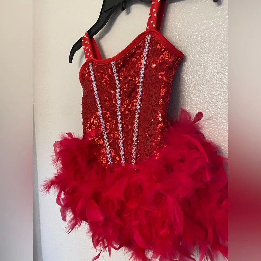 Competition Solo Dance Costume custom red feather sassy jazz MC-Medium child